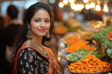 Traditional market scene: woman in vibrant saree surrounded by indian street food and spices