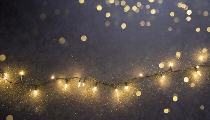 Elegant dark background adorned with sparkling gold holiday garland and enchanting magic dust. A...