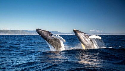 A majestic humpback whale (Megaptera novaeangliae) leaping out of the sparkling ocean.