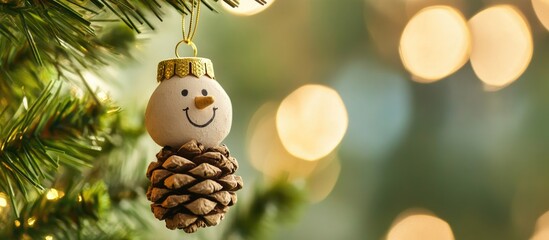 Handmade pine cone ornament with painted face on Christmas tree highlighting DIY recycling ideas for kids and zero waste decoration concepts