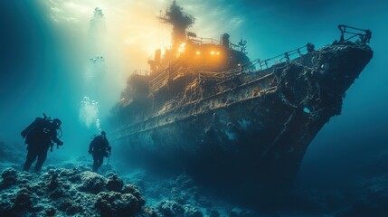 Mysterious Underwater Shipwreck Exploration Revealing the Silent Beauty of Sunken Vessels and Marine Life in an Oceanic Graveyard