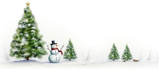 Fototapeta premium Winter scene featuring a cheerful snowman and decorated Christmas trees on a white background ideal for festive holiday designs
