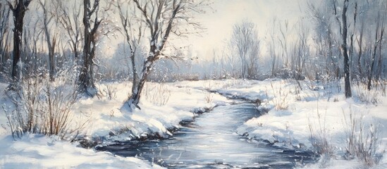 Fototapeta premium Winter landscape with snow covered stream and bare trees reflecting a serene and tranquil atmosphere in a peaceful natural setting