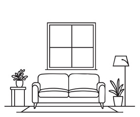 Hand drawn room interior sketch. Sofa and window