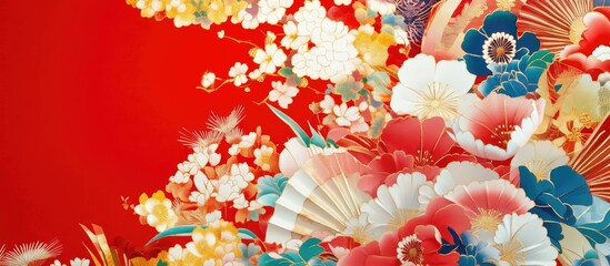 Vibrant Japanese background design showcasing traditional kimono fabric with floral patterns and rich colors for cultural or artistic themes