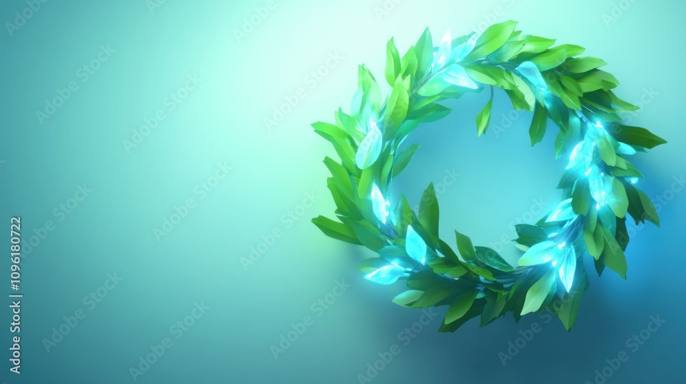 Aufkleber a glowing green leaf wreath against a soft gradient background.