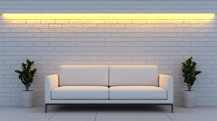 Modern Minimalist Living Room with White Sofa and Potted Plants Against a Textured Brick Wall Emphasizing Simplicity and Comfort