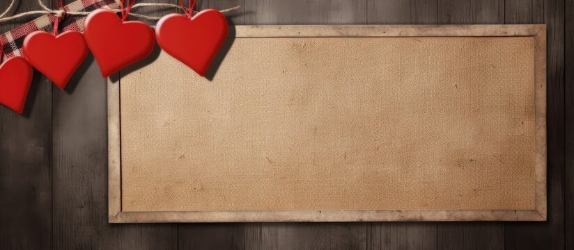 Rustic burlap backdrop with red plaid border and heart decorations framing a blank sign for personalized messages or announcements