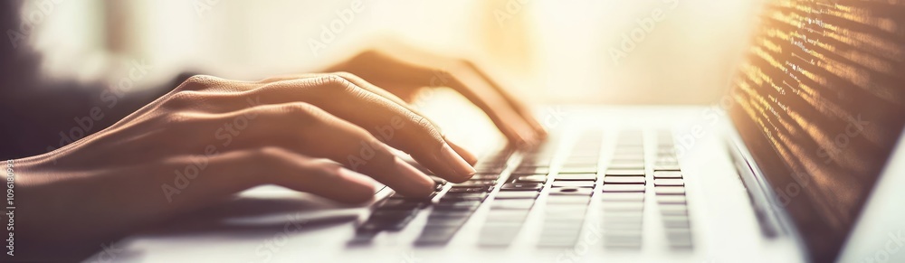 Aufkleber a close-up of hands typing on a laptop keyboard, conveying productivity and technology use.