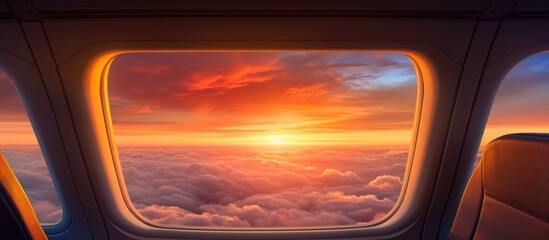 Fototapeta premium Stunning sunset viewed from an airplane window showcasing vibrant colors and serene clouds above the horizon