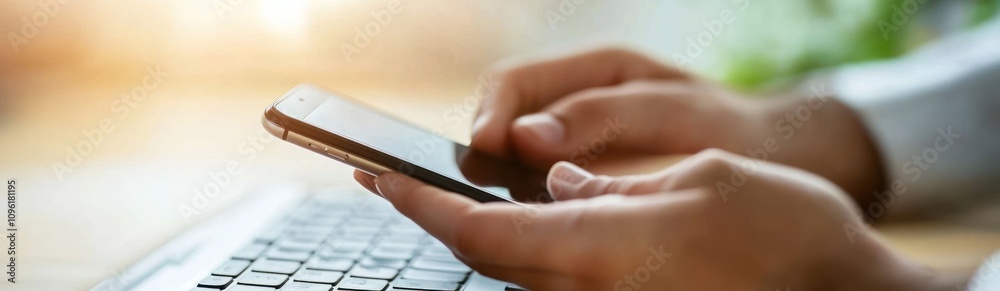 Aufkleber A person using a smartphone while sitting at a desk with a keyboard.