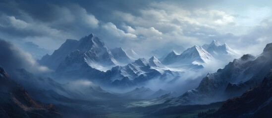 Obraz premium Majestic northern mountain landscape under dramatic clouds with snow-capped peaks and serene valleys creating a tranquil nature scene.