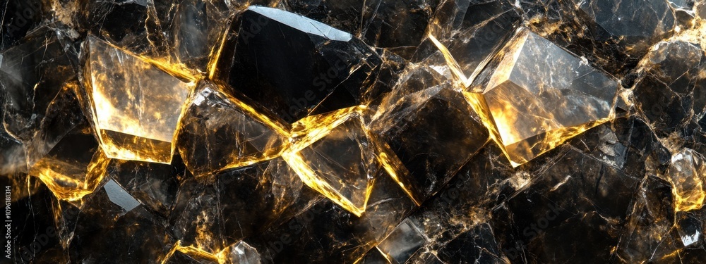 Poster a close-up view of shimmering black and golden crystalline structures.