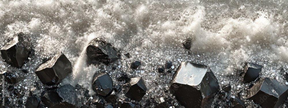 Poster a close-up view of dark rocks by a turbulent sea, capturing the interplay of water and stone.