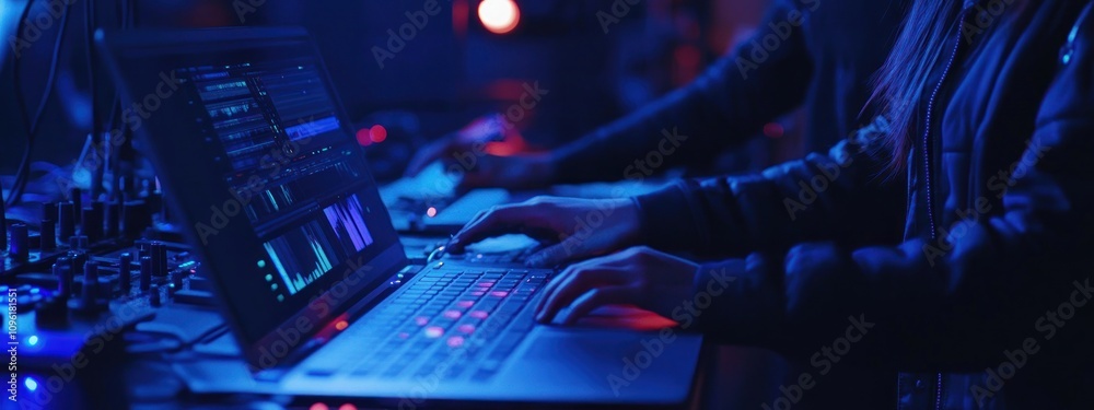 Poster a person interacting with a laptop in a dimly lit, tech-focused environment.