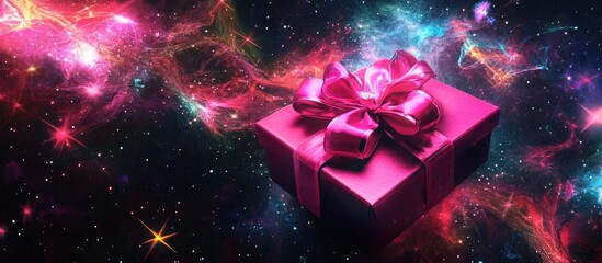 Vibrant gift box with a pink bow set against a cosmic celebration background of stars and colorful nebulae