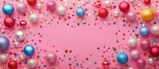 Obraz premium Holiday celebration background with colorful decorative balls sparkles and confetti on pink paper creating space for festive text and designs