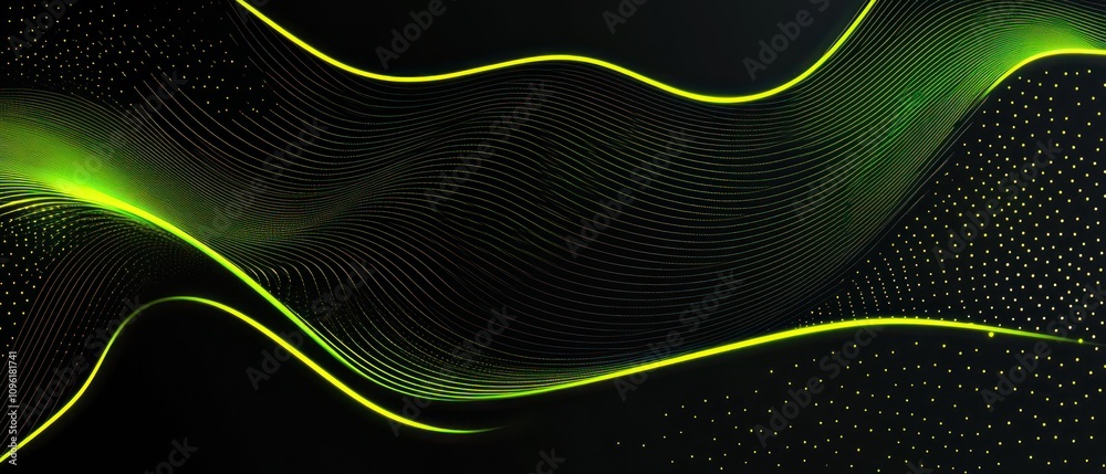 Poster Abstract green wave design with lines and dots on a dark background.
