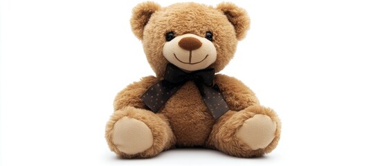 Fototapeta premium Cute plush teddy bear with a friendly smile and bow tie sitting on a white background symbolizing comfort and childhood memories.