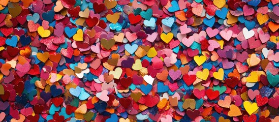 Colorful heart-shaped confetti backdrop for celebrations and romantic events, creating a festive and joyful atmosphere.