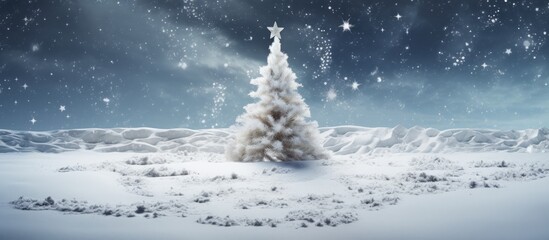 Christmas tree in snowy landscape with starry sky creating a serene holiday atmosphere for seasonal celebration and winter festivities