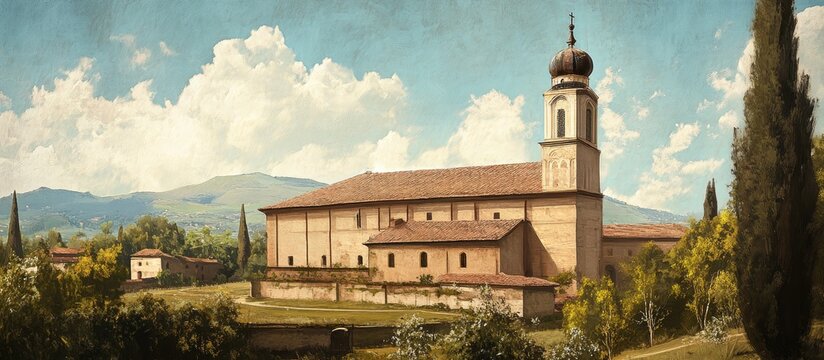 Historic view of the church of San Tommaso Apostolo in Offagna surrounded by lush landscapes and dramatic sky.
