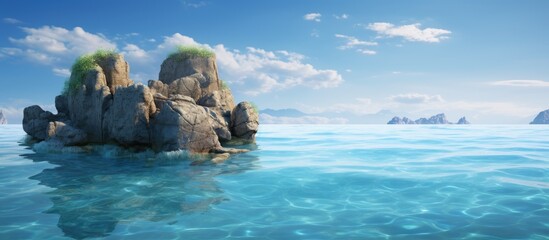 Serene coastal rock formation in clear blue ocean water under bright sunny sky with soft clouds and distant mountains in the background