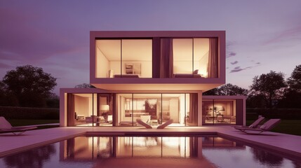 Modern House With Pool at Twilight