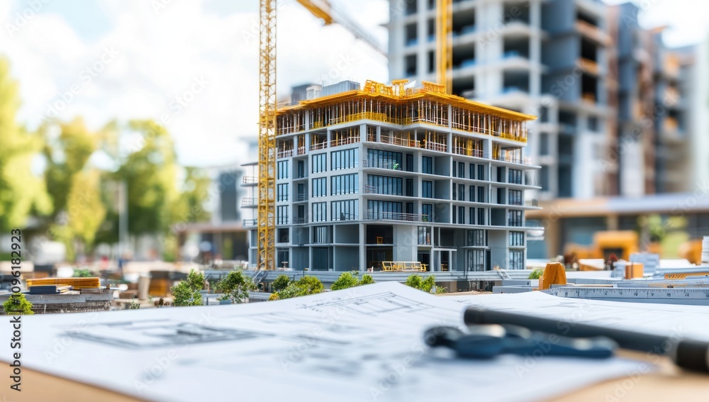 Poster a construction site with a model building and architectural plans.