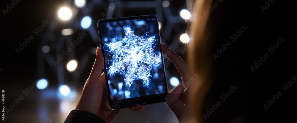Poster a person holds a tablet displaying a vibrant, intricate digital snowflake design.