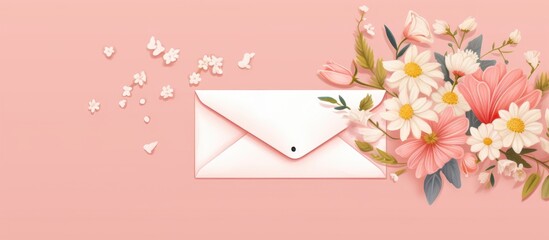 Elegant greeting card design with a floral bouquet and envelope on a soft pink background for celebrations and special occasions.