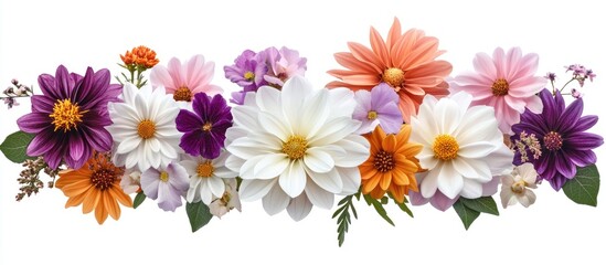 Colorful bouquet of white pink purple and orange flowers arranged against a clean white background for a fresh floral design concept