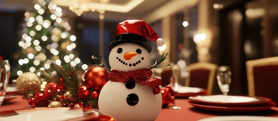 Festive holiday table setting with decorative snowman centerpiece and Christmas tree ambiance in elegant dining room setting