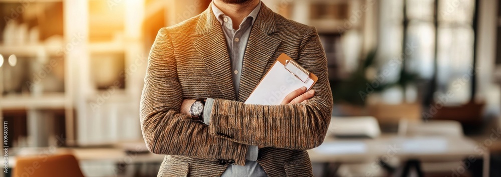 Aufkleber A man in a blazer stands confidently with a clipboard in a modern workspace.