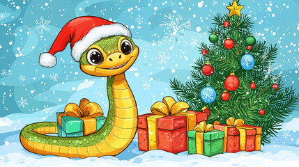 Cartoon snake with a Santa hat, cartoon snake happy new year sitting next to Christmas presents and a tree,generative ai