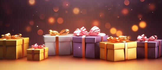 Festive Christmas gifts in colorful wrapping on a soft glowing lights background for holiday celebrations and seasonal promotions.