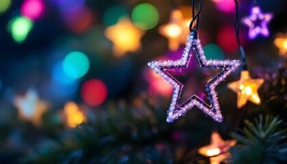 Star shaped bokeh, blurred lights, Christmas decoration, multicolor blurry shapes, rainbow stars,...