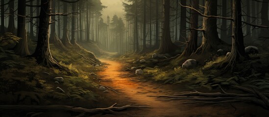 Fototapeta premium Forest Pathway in Tranquil Wilderness Surrounded by Tall Trees and Gentle Light Filtering Through Dense Canopy