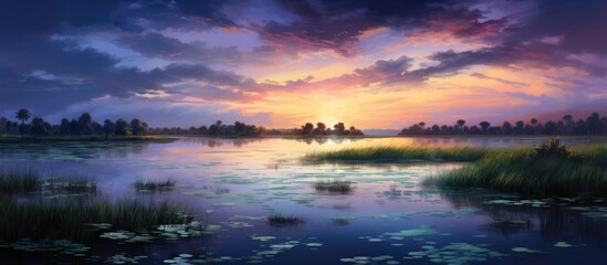 Twilight Reflections Over Serene Lagoon with Lush Greenery and Calm Waters