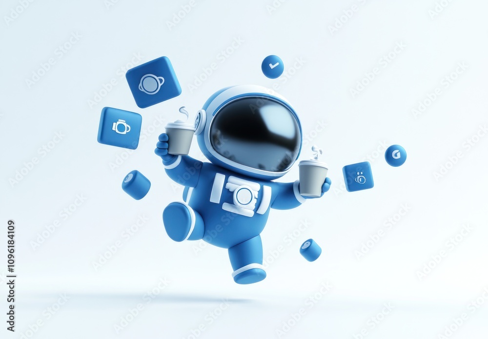 Poster a playful blue astronaut character holding cups and surrounded by icons in a light background.