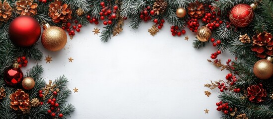 Elegant Christmas border frame with festive tree branches red and golden decorations on a white background perfect for holiday-themed designs.
