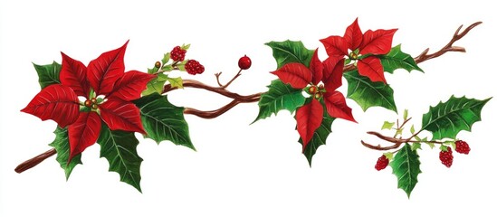 Poinsettia flowers and holly leaves arranged on a branch for festive Christmas decorations