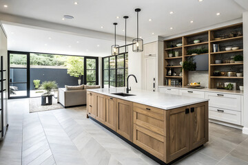 Modern Kitchen Design Featuring Light Wooden Island, White Countertop, and Black Faucet in Open-Concept Living Space