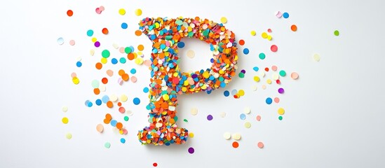 Obraz premium Colorful confetti arranged in the shape of the letter P on a clean white background for festive and celebratory themes.