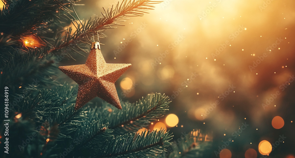Poster golden star ornament hanging on a christmas tree with warm bokeh lights in the background during hol
