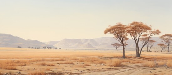 Serene landscape featuring golden grasses and acacia trees along a peaceful road in a tranquil northern province setting