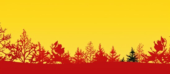 Autumn landscape border with vibrant red trees on a yellow backdrop ideal for greeting card designs and text placement.