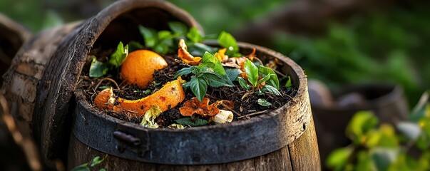 A compost bin filled with organic waste, including vegetable scraps and leaves, showcasing sustainable gardening practices in a natural setting.