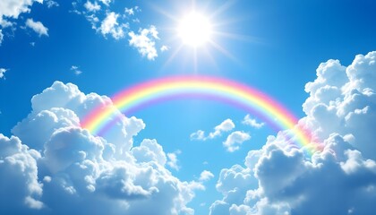 Vibrant rainbow stretching across a blue sky, colorful, vibrant, nature, weather, spectrum, beautiful. Rainbow against the fanciful blue sky. Panoramic view of a rainbow over the landscape 