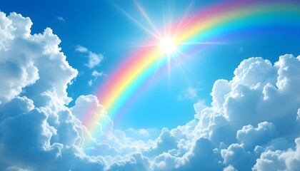 Vibrant rainbow stretching across a blue sky, colorful, vibrant, nature, weather, spectrum, beautiful. Rainbow against the fanciful blue sky. Panoramic view of a rainbow over the landscape 